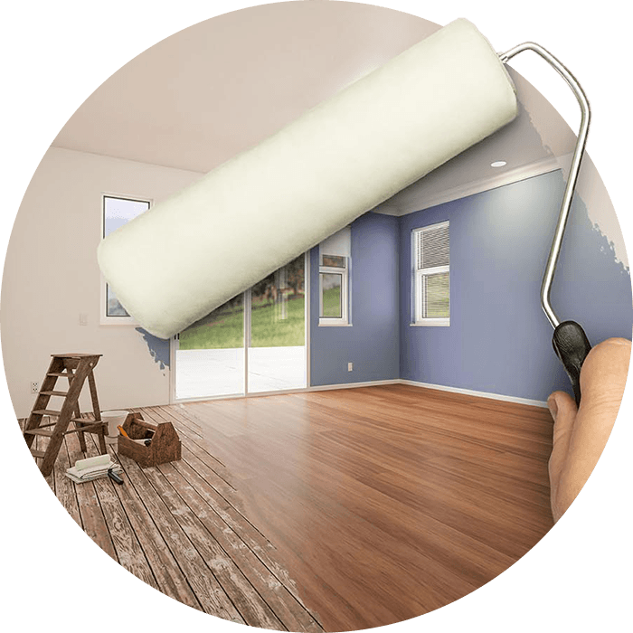 living room before and after painting with paint roller juxtaposed on top